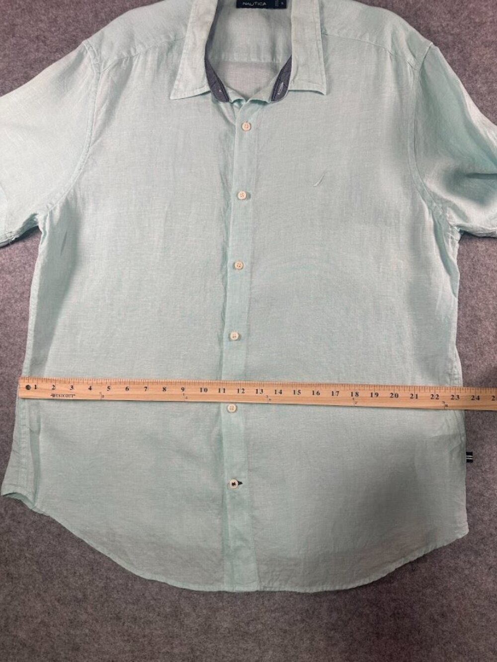 Nautica Men’s XL 100% Linen Seawater Blue Short Sleeve Button Down Shirt - Picture 3 of 9